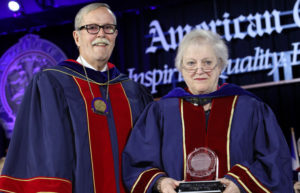 Patricia J. Numann, MD, FACS, receives the ACS Lifetime Achievement Award from Outgoing ACS President Ronald V. Maier, MD, FACS, FRSEd(Hon), FCSHK(Hon), FCCS(Hon).