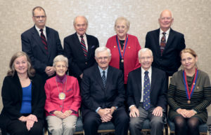 Recipients of the ACS Distinguished Service Award (DSA) gathered Tuesday. Front row, from left (all MD, FACS): Mary H. McGrath; Valerie W. Rusch; 2019 DSA R. Phillip Burns; F. Dean Griffen; and Barbara Lee Bass. Back row: David B. Hoyt; Sir Murray F. Brennan; Patricia J. Numann; and Richard J. Finley.