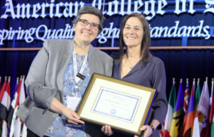 Left: Eileen M. Bulger, MD, FACS, Chair of the ACS Committee on Trauma, presented the Scudder Orator certificate to this year’s lecturer, M. Margaret Knudson, MD, FACS (right), medical director and professor of surgery, University of California, San Francisco, on Tuesday afternoon. Dr. Knudson’s presentation, A Perfect Storm, focused on the ACS partnership with the military health system.